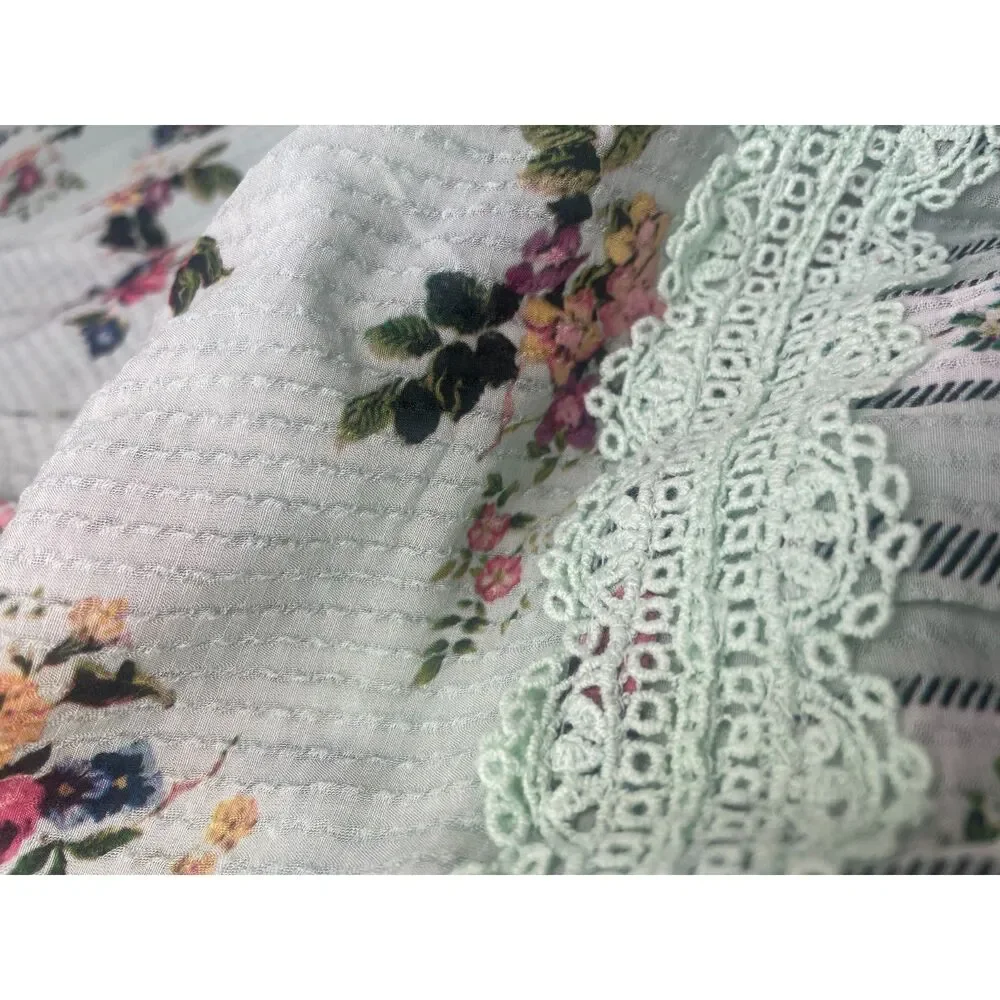 ~ Anthropologie XL Hemant & Nandita Blouse Floral Mint Lace Aqua Green Elastic - Picture 14 of 16